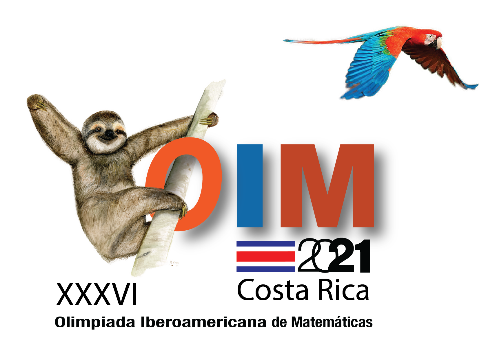 Logo de las olimpiadas iberoamericanas de matemáticas, con un oso perezoso y una guacamaya que representan la fauna del país sede, Costa Rica